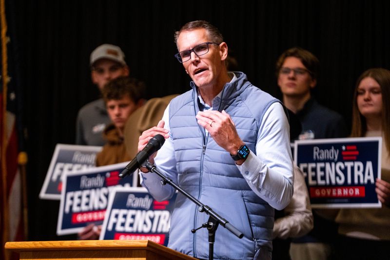 Iowa Republican gubernatorial candidate Randy Feenstra speaks to a crowd of supporters during a campaign launch event on Nov. 10, 2025, at Dordt University in Sioux Center, Iowa.