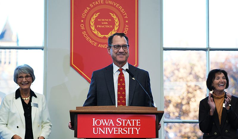 David Cook, the current president of North Dakota State University, speaks after being introduced as the next president of Iowa State University on Nov. 11, 2025, at the university’s Memorial Union Building in Ames, Iowa.