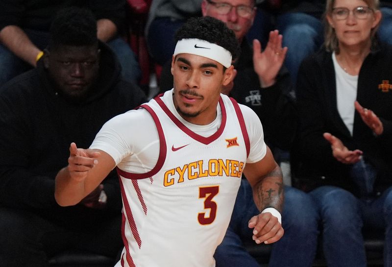 Iowa State Cyclones guard Tamin Lipsey (3) reacts after making a three-point shot against Stonehill during the second half in the NCAA basketball on Nov. 17, 2025, at Hilton Coliseum in Ames, Iowa.Iowa.