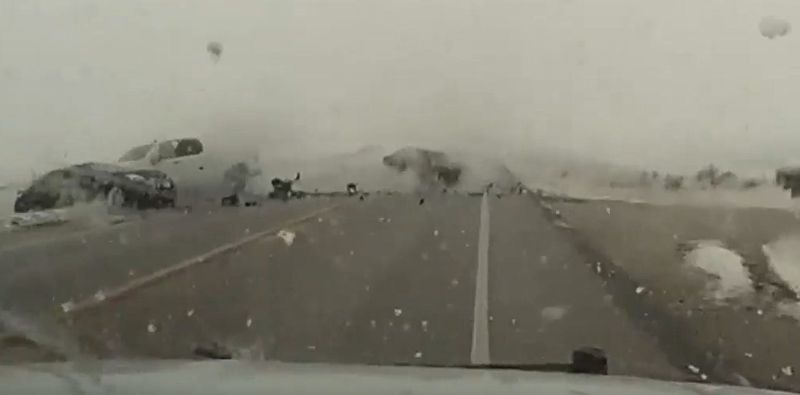 A screenshot of a head-on car crash near Story City via footage from the Story County Sheriff's.