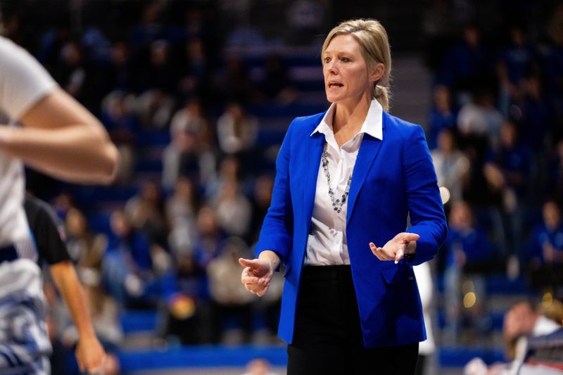 Drake head coach Allison Pohlman calls to her players during a game against Iowa State on Nov. 20, 2025, at the Knapp Center in Des Moines.