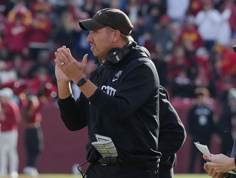 Iowa State head coach Matt Campbell celebrates after an interception by defenders against Kansas during the fourth quarter in the senior day on Nov. 22, 2025, at Jack Trice Stadium in Ames, Iowa