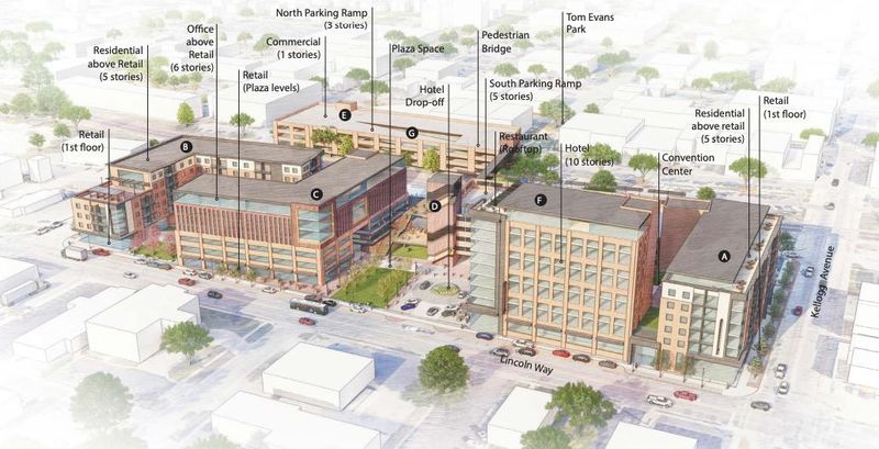 The original blueprints for the Linc Development in Ames, south of Main Street and north of Lincoln Way, included a parking garage and a conference. Those have been eliminated for more housing.