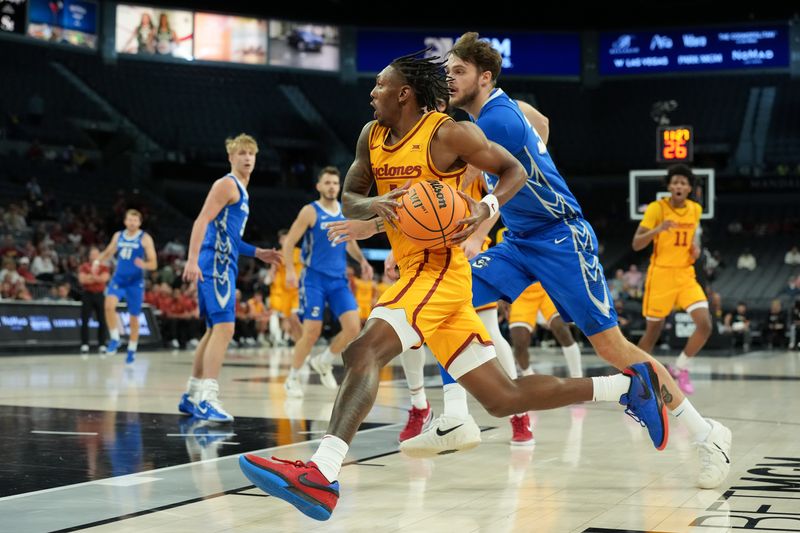 Nov 25, 2025; Las Vegas, Nevada, USA; Iowa State Cyclones guard Jamarion Batemon (1) drives to the basket against the Creighton Bluejays during the first half in a 2025 Players Era Festival group play game at Michelob Ultra Arena. Mandatory Credit: Kirby Lee-Imagn Images