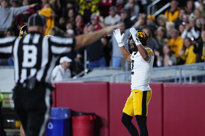 Oct 11, 2025; Madison, Wisconsin, USA; Iowa Hawkeyes defensive back TJ Hall (2) celebrates after an incomplete pass against the Wisconsin Badgers in the first half at Camp Randall Stadium. Mandatory Credit: Ross Harried-Imagn Images