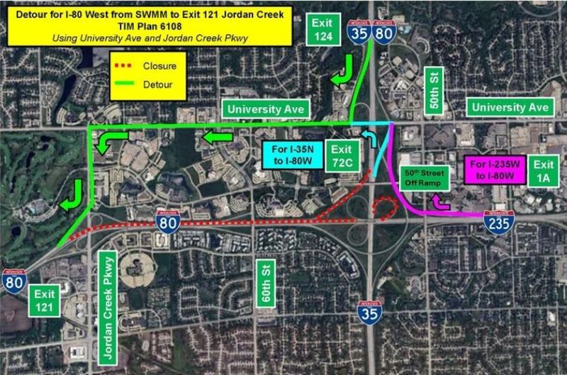 A detour for an overnight closure on I-80 from the southwest mixmaster to Jordan Creek Parkway.