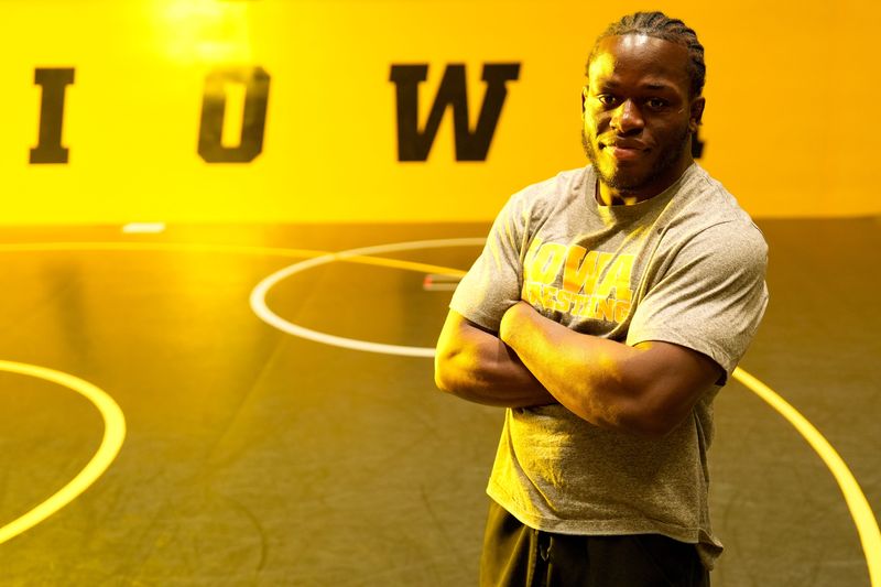Iowa 197-pound wrestler Massoma Endene is pictured during the Iowa men's wrestling team media day on Oct. 29, 2025 in Iowa City, Iowa.