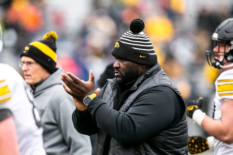 Iowa defensive line coach Kelvin Bell reacts during the Hawkeyes' final spring NCAA football practice, Saturday, April 22, 2023, at Kinnick Stadium in Iowa City, Iowa.

230422 Iowa Spring Fb 101 Jpg