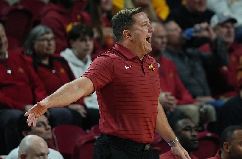 Iowa State Cyclones men's basketball head coach T.J. Otzelberger calls a play from the bench against Alcorn State Braves during the first half on Dec. 3, 2025, at Hilton Coliseum, in Ames, Iowa.