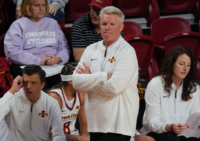 Iowa State Cyclones' women's basketball head coach Bill Fennelly watches he game from the bench during the second quarter against Northern Illinois in the NCAA women basketball non-conference game on Dec. 7, 2025, at Hilton Coliseum in Ames, Iowa.