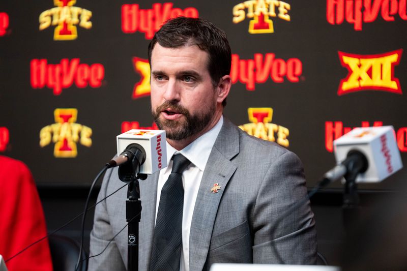 Jimmy Rogers speaks during his introductory press conference as Iowa State’s new head football coach on Dec. 8, 2025, at Iowa State University in Ames, IA.