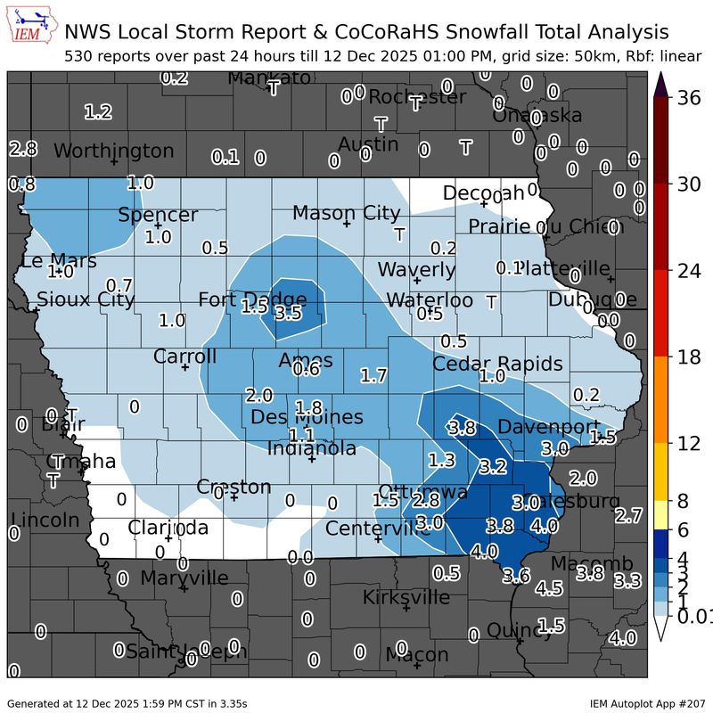 Snowfall totals on Friday, Dec. 12, 2025, ranged from around an inch to 4 inches in southeast Iowa.