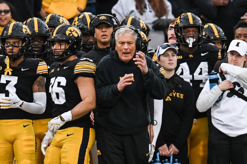Nov 22, 2025; Iowa City, Iowa, USA; Iowa Hawkeyes head coach Kirk Ferentz reacts during the second quarter against the Michigan State Spartans at Kinnick Stadium. Mandatory Credit: Jeffrey Becker-Imagn Images