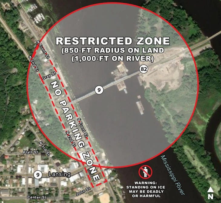 A map of the restricted zones for the Lansing bridge implosion.