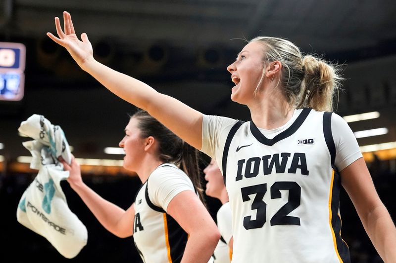 Iowa guard Callie Levin (32) reacts during a game against the Penn State Nittany Lions on Dec. 28, 2025 at Carver-Hawkeye Arena in Iowa City, Iowa.