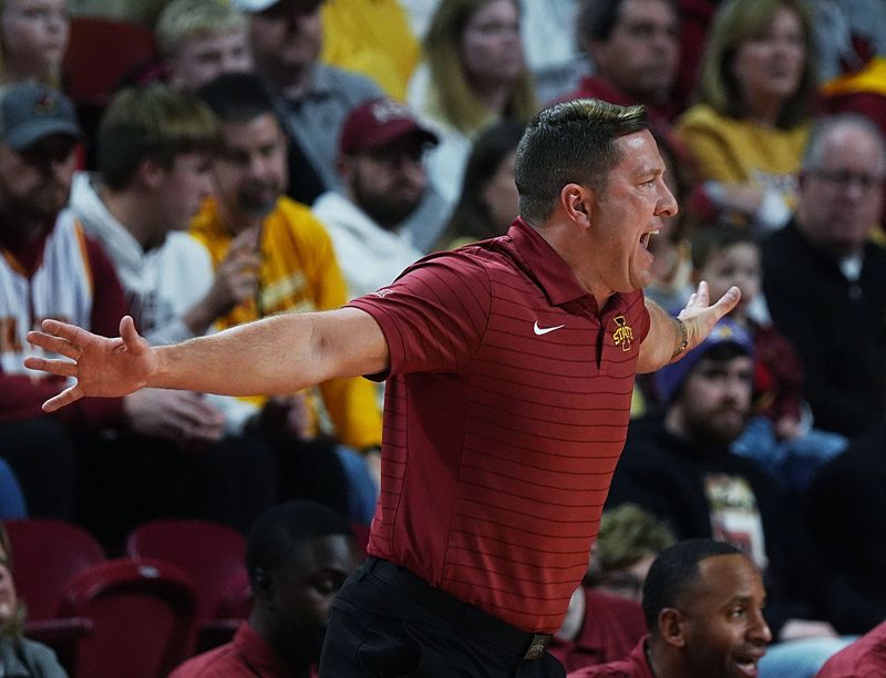 Iowa State Cyclones men's basketball head coach T.J. Otzelberger reacts during the first half of Iowa State and Houston Christian in the NCAA men’s basketball on Dec. 29. 2025, at Hilton Coliseum in Ames, Iowa.