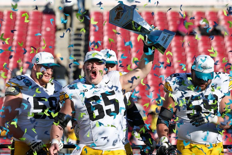 Logan Jones (65) and the Hawkeyes celebrate their 34-27 win over Vanderbilt in the ReliaQuest Bowl. Jones was drafted in the second round by the Chicago Bears.