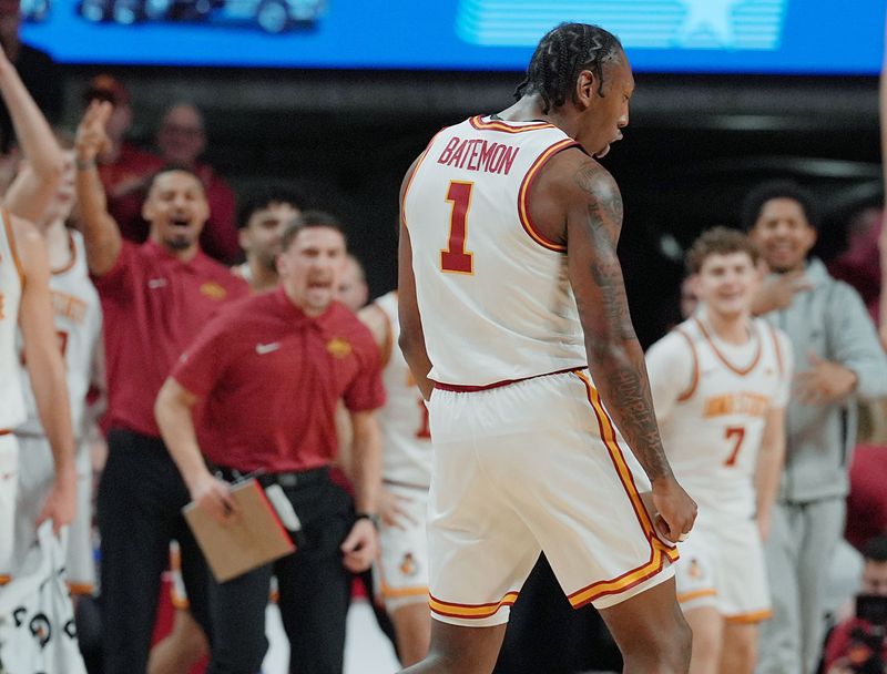 Iowa State Cyclones guard Jamarion Batemon (1) celebrates after a three-point shot against West Virginia Mountaineers during the first half on Jan. 2, 2026, at Hilton Coliseum in Ames, Iowa.