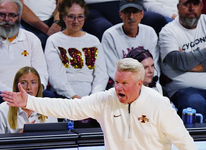Iowa State Cyclones' women's basketball head coach Bill Fennelly reacts from bench during the second quarter against Baylor in the Big-12 women’s basketball on Jan. 4, 2026, at Hilton Coliseum in Ames, Iowa.