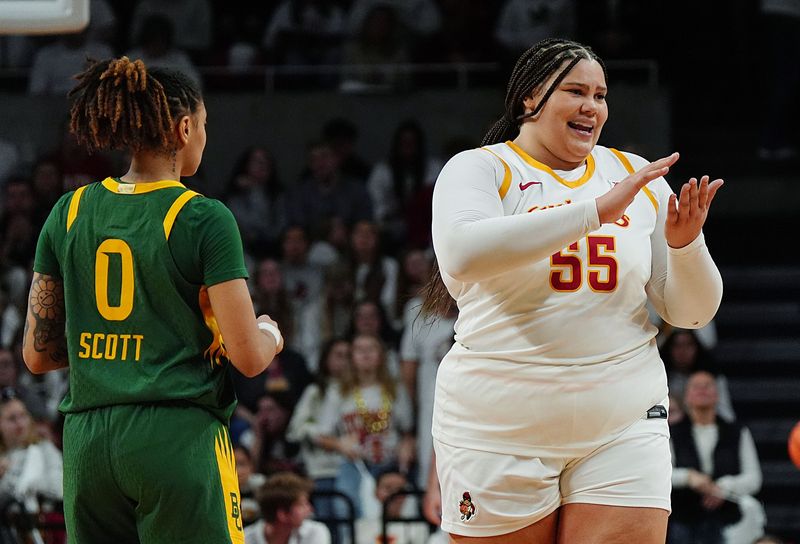 Iowa State Cyclones' center Audi Crooks (55) reacts after a call during the fourth quarter game against Baylor in the Big-12 women’s basketball on Jan. 4, 2026, at Hilton Coliseum in Ames, Iowa.