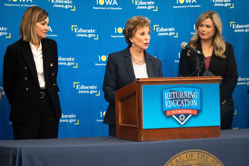 U.S. Secretary of Education Linda McMahon speaks during a press conference, joined by Gov. Kim Reynolds, left, and Iowa Education Department Director McKenzie Snow, right, at Broadway Elementary School on Wednesday, Jan. 7, 2026 in Denison.