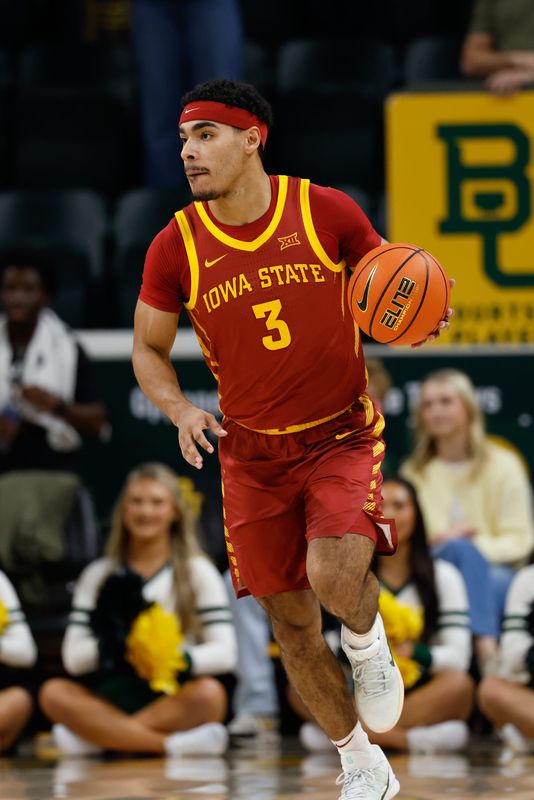 Jan 7, 2026; Waco, Texas, USA; Iowa State Cyclones guard Tamin Lipsey (3) dribbles the ball upcourt against the Baylor Bears during the first half at Paul and Alejandra Foster Pavilion. Mandatory Credit: Chris Jones-Imagn Images
