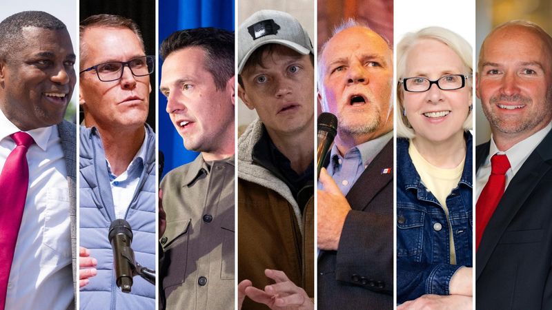 Iowa 2026 governor candidates (from left) Eddie Andrews (R), Randy Feenstra (R), Zach Lahn (R), Rob Sand (D), Brad Sherman (R), Julie Stauch (D) and Adam Steen (R).