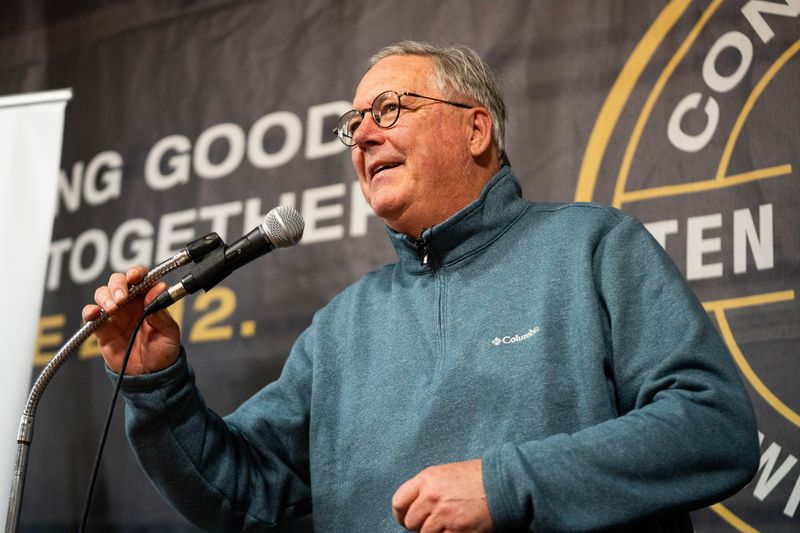 Democratic candidate for Iowa Secretary of Agriculture Chris Jones speaks to supporters during his campaign kickoff on Jan. 15, 2026, at Confluence Brewery in Des Moines.