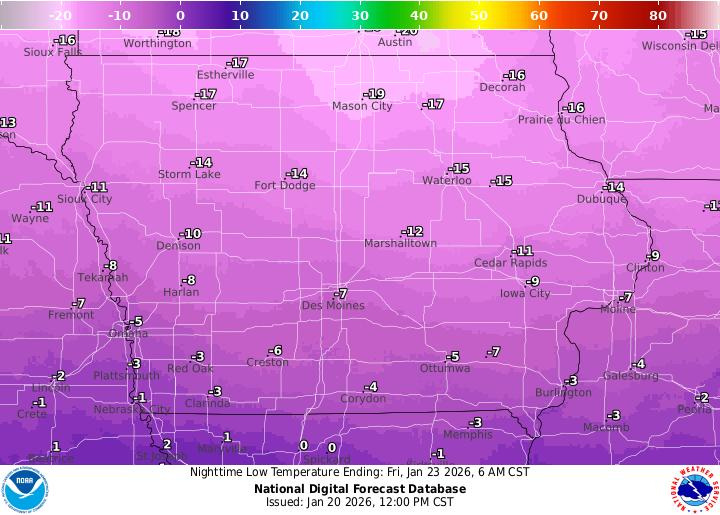 NOAA graphical maps show temperature lows in Iowa from Thursday, Jan. 22, to early Saturday, Jan. 24, 2026.