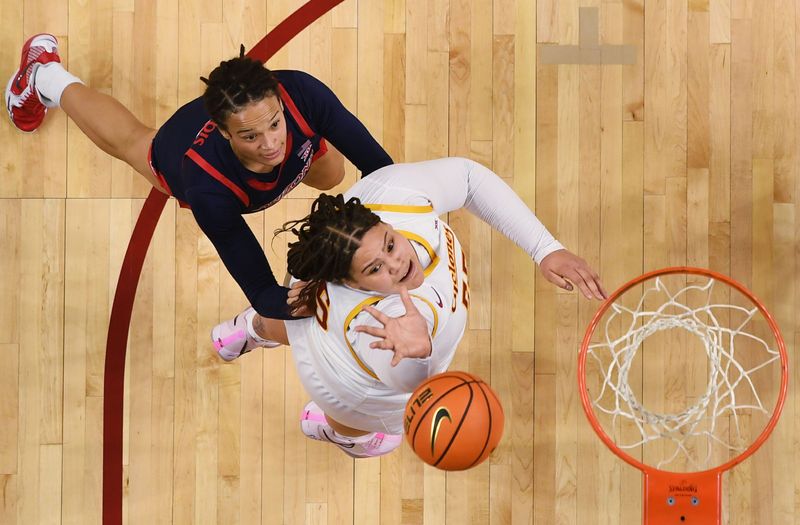 Iowa State Cyclones' center Audi Crooks (55) Arizona Wildcats forward Nora Francois (13) during the first quarter in the Big-12 women’s basketball on Jan. 24, 2026, at Hilton Coliseum in Ames, Iowa.