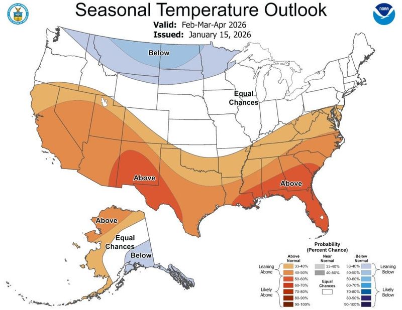 Temperature outlook from February through April for the U.S. in 2026.