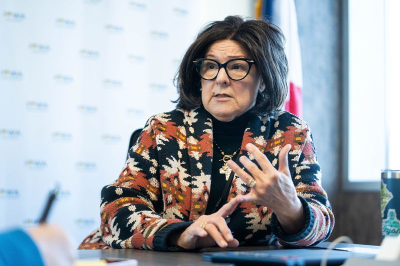 Debi Durham, Director of the Iowa Economic Development Authority, talks with the Des Moines Register about Iowa’s bid to land Corteva’s new headquarters on Jan. 26, 2026, in Des Moines.