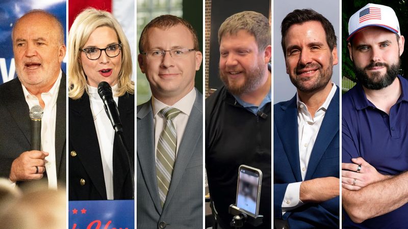 Iowa U.S. Senate candidates for 2026 (from left): Jim Carlin (R), Ashley Hinson (R), Thomas Laehn (L), Nathan Sage (D), Josh Turek (R) and Zach Wahls (D).