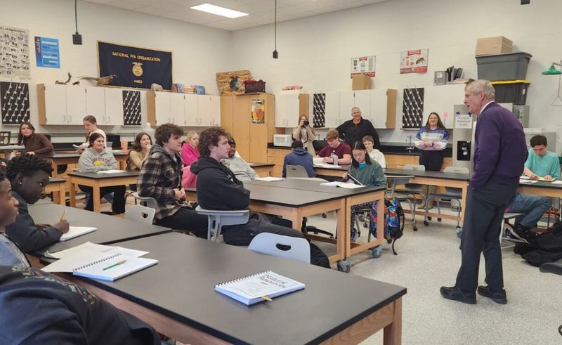 World Food Prize CEO Tom Vilsack speaks to Ames High School students on Jan. 30, 2026, in Ames, Iowa.
