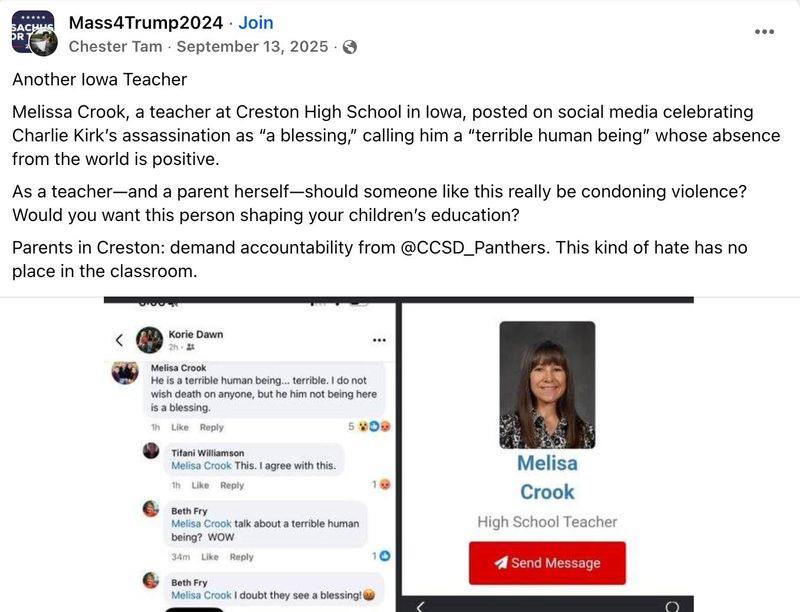 Exhibit of a threat against the Creston Community School District after English teacher Melissa Crook posted about Charlie Kirk's death.