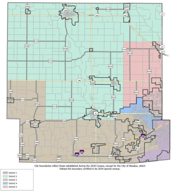 A map shows the approved new Board of Supervisors districts for five Dallas County supervisors who will be elected in November 2026. The county previously had three supervisors.