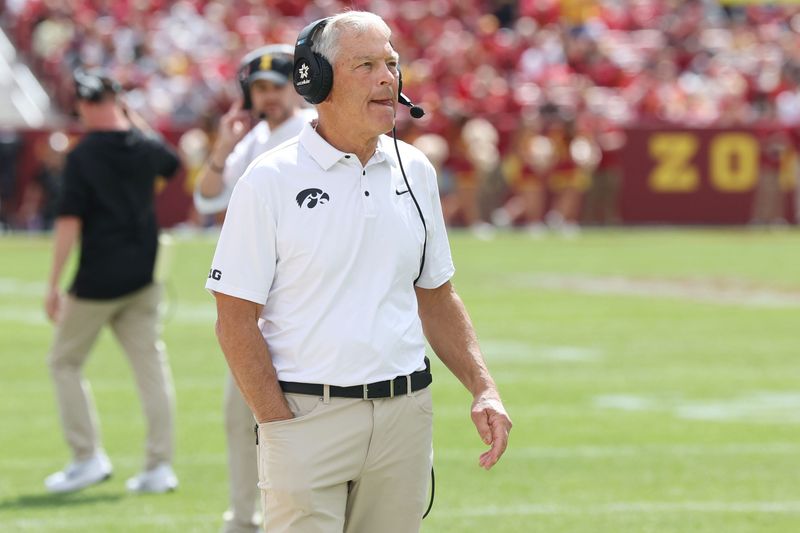 Sep 6, 2025; Ames, Iowa, USA; Iowa Hawkeyes head coach Kirk Ferentz looks on against the Iowa State Cyclones during the second half at Jack Trice Stadium. Mandatory Credit: Reese Strickland-Imagn Images
