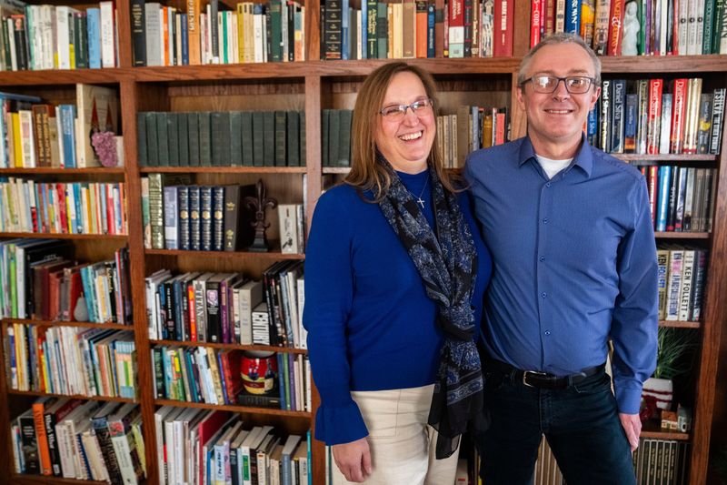 Sinikka Waugh, left, candidate for Iowa Senate District 11, and Spencer Waugh, candidate for Iowa House District 21, pose for a portrait at their home on Saturday, Feb. 7, 2026, in Indianola.