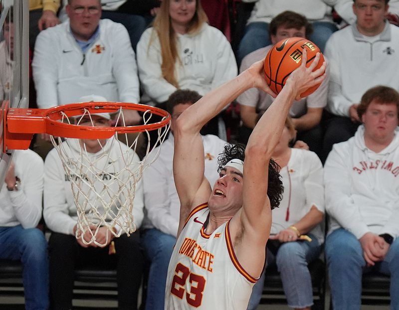 Iowa State Cyclones forward Blake Buchanan (23) drives with the ball against Baylor during the second half in the Big-12 men’s basketball on Feb. 7, 2026, at Hilton Coliseum in Ames, Iowa
