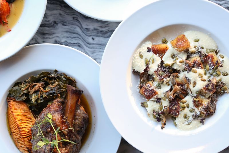 Osso bucco with hasselback sweet potato and collard greens, left, and gnocchi at Aposto at the Scala House in the Sherman Hills neighborhood of Des Moines.