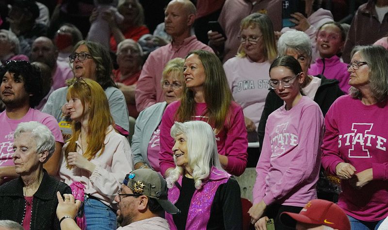 Iowa State fans cheer during Iowa State and Kansas State men’s basketball on Feb. 15, 2026, at Hilton Colioseum in Ames, Iowa.