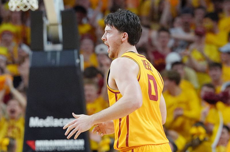 Iowa State Cyclones guard Nate Heise (0) reacts after a three-point shot against Houston during the first half in the3 Big-12 men’s basketball at Hilton Coliseum on Feb. 16, 2026, in Ames, Iowa
