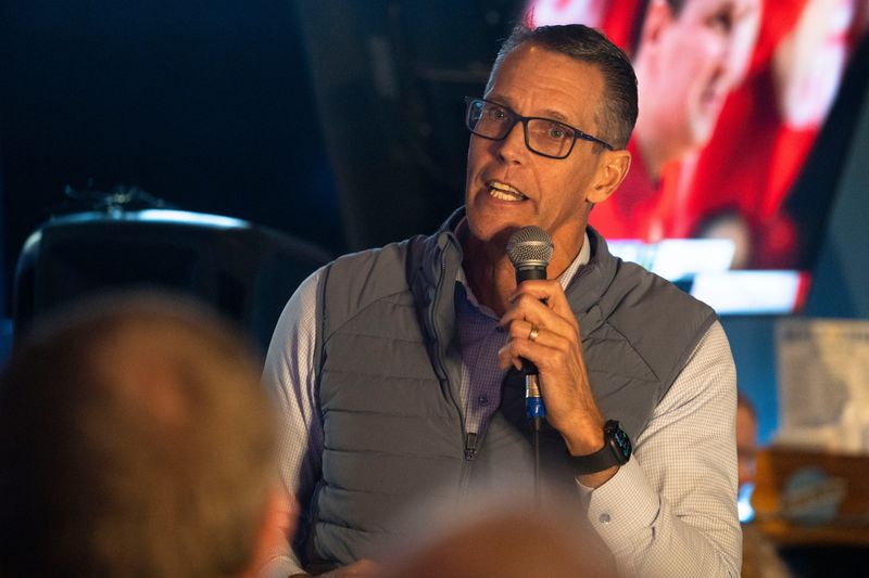 U.S. Rep. Randy Feenstra speaks during a campaign stop with MAGA Nation at Bevy's Tavern on Tuesday, Feb. 17, 2026 in West Des Moines.
