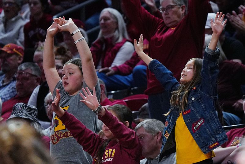 Iowa State fans cheer during Iowa State and Arizona State Big-12 women’s basketball at Hilton Coliseum on Feb. 18, 2026, in Ames, Iowa