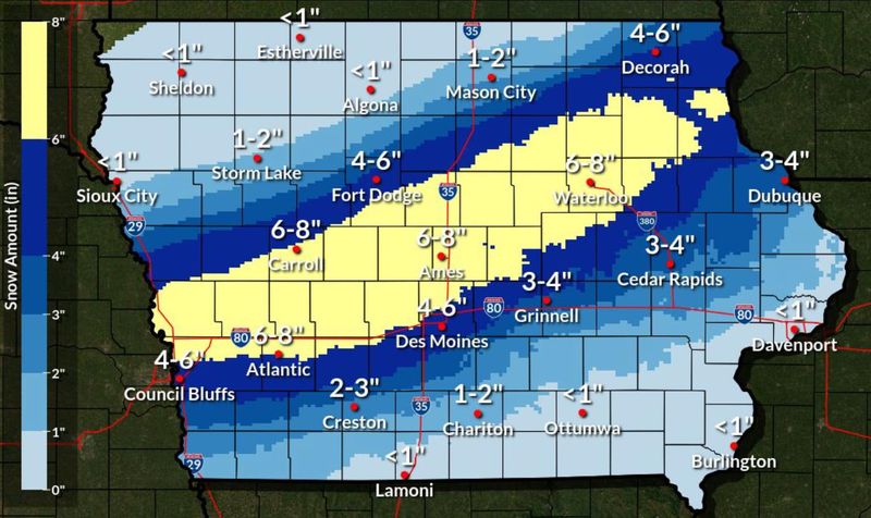 A narrow band of Iowa could see up to 8 inches of snow during a winter storm on Thursday, Feb. 19, 2026.