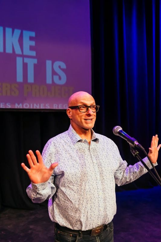 Ryan Siskow presents as part of Tell It Like It Is: Iowa Storytellers Project, funded by the Hoyt Sherman Place Foundation in partnership with the Des Moines Register, on Feb. 10, 2026.