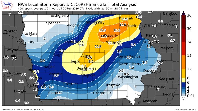 Estimated snowfall totals in Iowa from a 24-hour period ending Feb. 20, 2026 at 7:45 a.m.