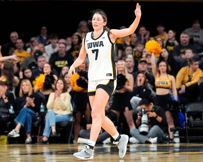 Iowa guard Addie Deal (7) celebrates after making a 3-pointer against the Penn State Nittany Lions Dec. 28, 2025 at Carver-Hawkeye Arena in Iowa City, Iowa.