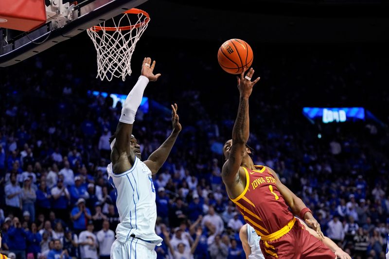 Feb 21, 2026; Provo, Utah, USA; Iowa State Cyclones guard Jamarion Batemon (1) lays the ball up during the second half against the BYU Cougars at Marriott Center. Mandatory Credit: Aaron Baker-Imagn Images