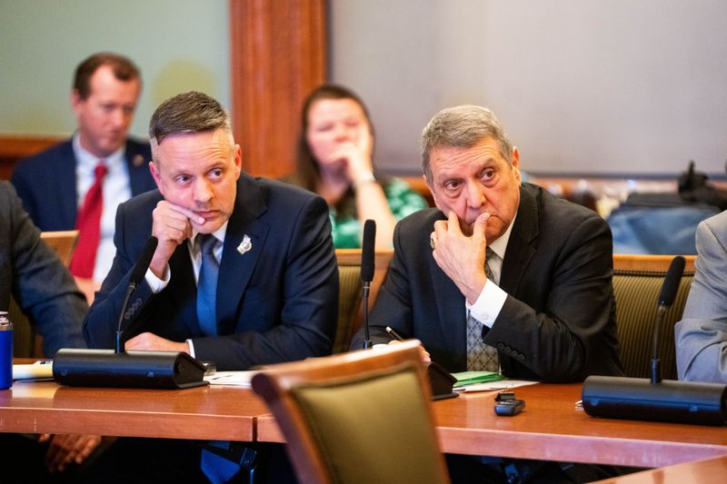 Senate Ways and Means Committee chair Sen. Dan Dawson, R-Council Bluffs, and Tony Bisignano, D-Des Moines, sit during a subcommittee meeting on Gov. Reynolds’ property tax bill on Feb. 25, 2026, at the Iowa State Capitol.